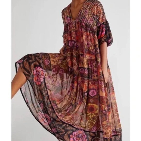 Free People Too Much To Dream Brown Pink Floral Tiered Beads Maxi NWT Size XS - Picture 3 of 14